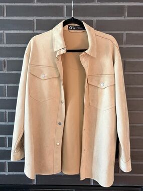 Zara suede beige button up shirt size medium